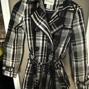 White House Black Market Black & White Plaid Trench Coat with Tie Waist